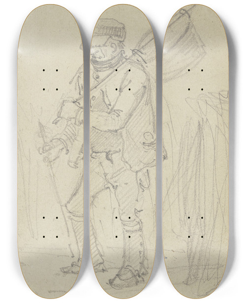 Triptych art skateboard deck of Jakob Becker Farmer Coming From Fishing by Jakob Becker (1810-1872)