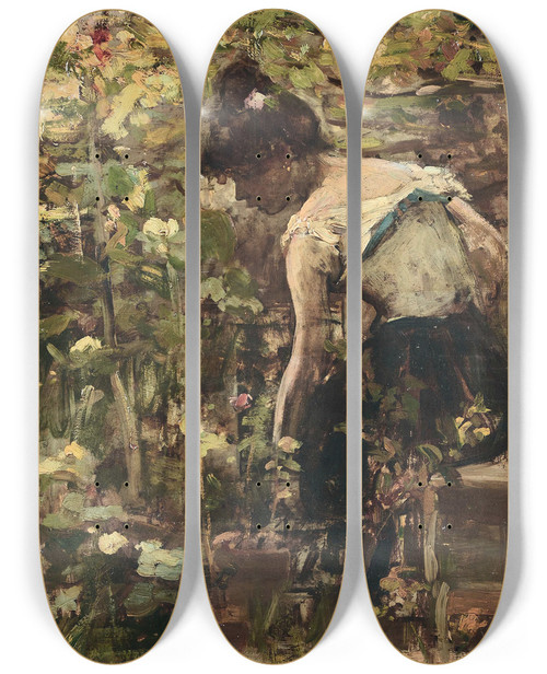Triptych art skateboard deck of Alessandro Milesi Ragazza Tra I Fiori by Alessandro Milesi (1856-1945)