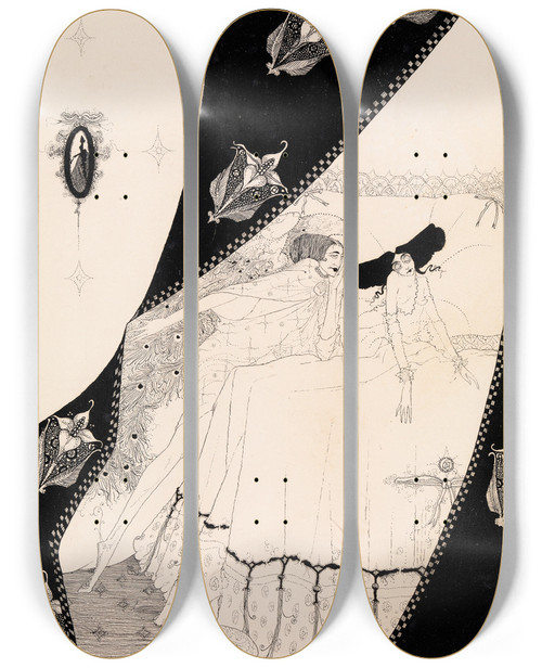 Triptych art skateboard deck of Harry Clarke Her Guardian Sylph Prolonged The Happy Rest by Harry Clarke (1889-1931)