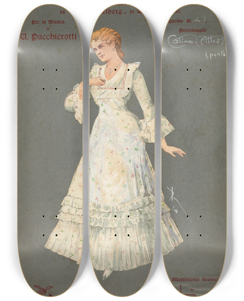 Triptych art skateboard deck of Pipein Gamba Catina Atto 2 Parte Ii by Pipein Gamba (1868-1954)