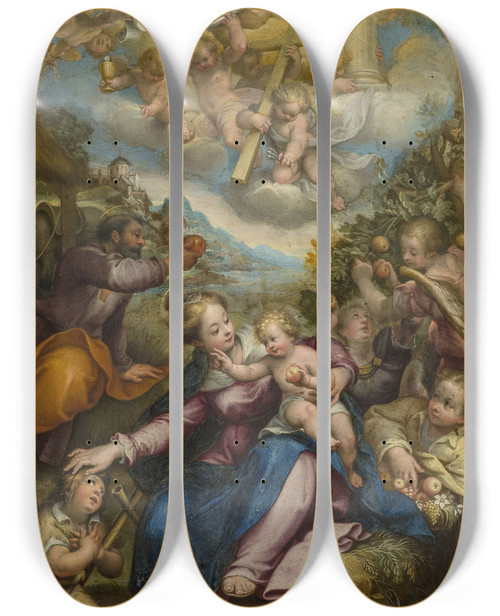 Triptych art skateboard deck of Denys Calvaert Rest During The Flight To Egypt by Denys Calvaert (1540-1619)