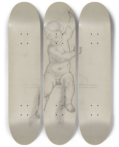 Triptych art skateboard deck of Adolph Tidemand Sittende Guttebarn Med Lftede Armer by Adolph Tidemand (1814-1876)