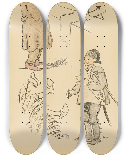 Triptych art skateboard deck of Georges Goursat Sem Dmobilisation by Georges Goursat (Sem) (1863-1934)