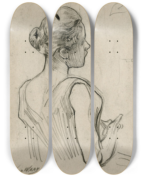 Triptych art skateboard deck of Nicolaas Van Der Waay Jonge Vrouw In Avondtoilet Rugfiguur by Nicolaas van der Waay (1855-1936)