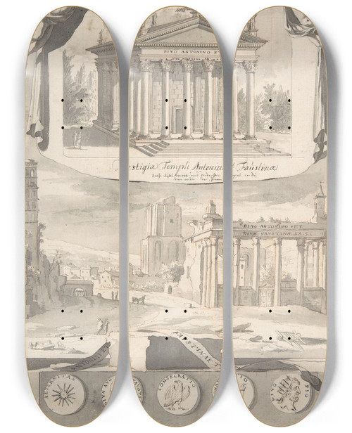 Triptych art skateboard deck of Jan Goeree A Reconstruction Of The Temple Of Antonious And Faustina Above And A View Of The Ruins Below by Jan Goeree (1670-1731)