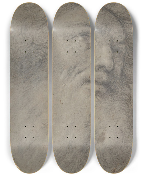 Triptych art skateboard deck of Bartolomeo Schedoni Head Of A Bearded Man Looking Up To The Right by Bartolomeo Schedoni (1578-1615)