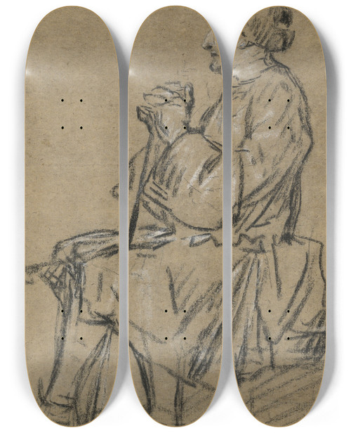 Triptych art skateboard deck of Jean Simon Chardin Study Of A Seated Man by Jean Simeon Chardin (1699-1779)