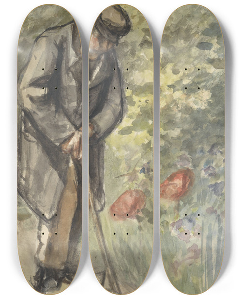 Triptych art skateboard deck of Jozef Israls Oude Man Leunend Op Zijn Stok by Jozef Israels (1824-1911)