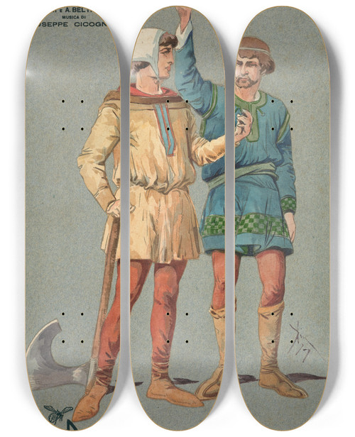 Triptych art skateboard deck of Pipein Gamba Popolani Coro_1 by Pipein Gamba (1868-1954)