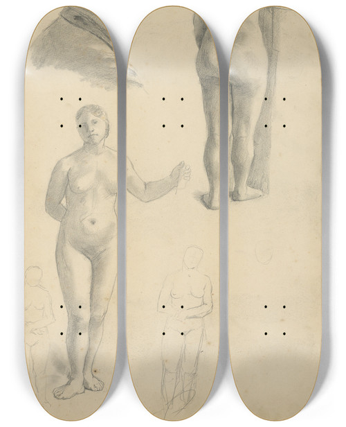 Triptych art skateboard deck of Jozef Hanula Sketchbook With Figural Studies by Jozef Hanula (1863-1944)