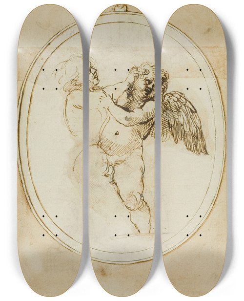 Triptych art skateboard deck of Annibale Carracci Two Putti Fighting Study For The Galleria Farnese by Annibale Carracci (1560-1609)