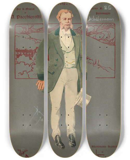 Triptych art skateboard deck of Pipein Gamba Scholermann by Pipein Gamba (1868-1954)