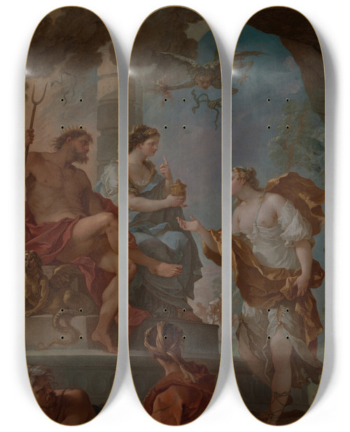 Triptych art skateboard deck of Charlesjoseph Natoire Psyche In The Underworld Psyche Obtaining The Elixir Of Beauty From Proserpine by Charles Joseph Natoire (1700-1777)