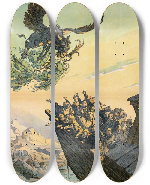 Triptych art skateboard deck of Udo Keppler The Return Of The Dove To The Ark by Udo Keppler (1872-1956)