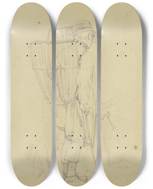 Triptych art skateboard deck of Jakob Frchtegott Dielmann Ein Bauer Mit Einer Kiepe Sieht Einem Maler Zu Der Zeichnet by Jakob Furchtegott Dielmann (1809-1885)