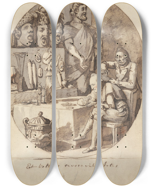 Triptych art skateboard deck of George Dance The Collector by George Dance (1741-1825)
