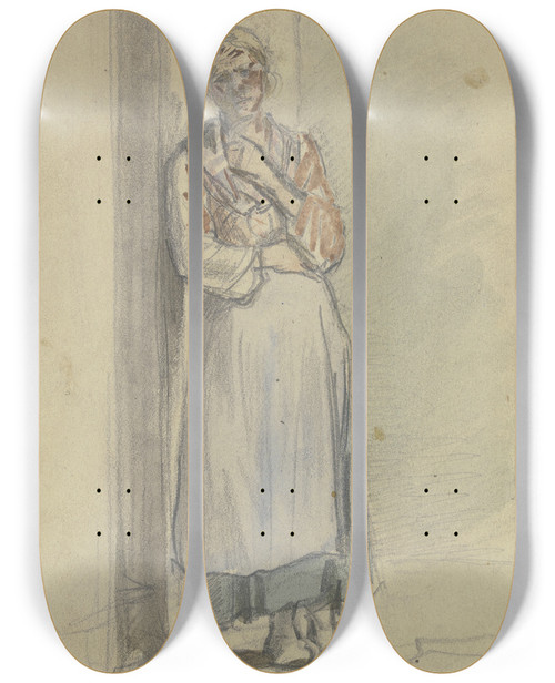 Triptych art skateboard deck of Jakob Frchtegott Dielmann Eine Frau Steht Mit Der Rechten Schulter An Die Haustr Angelehnt Die Linke Hand Greift In Das Dekollet by Jakob Furchtegott Dielmann (1809-1885)
