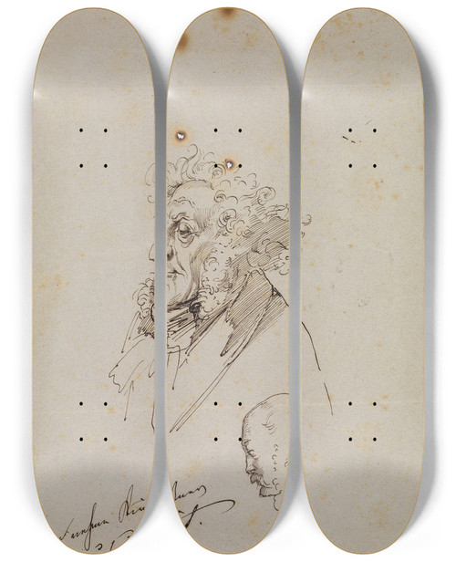 Triptych art skateboard deck of Moritz Von Schwind Studienkopf Eines Mannes Im Dreiviertelprofil Darunter Profil Eines Mnnerkopfes Nach Links by Moritz Von Schwind (1804-1871)