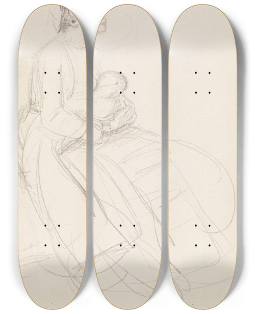 Triptych art skateboard deck of Sir John Everett Millais Female Sketch Of Mother Breastfeeding Her Baby by Sir John Everett Millais (1829-1896)