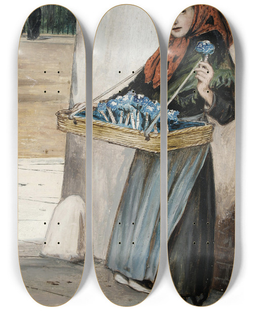 Triptych art skateboard deck of Augustus Edwin Mulready An Eye To An Expected Buyer by Augustus Edwin Mulready (1844-1904)