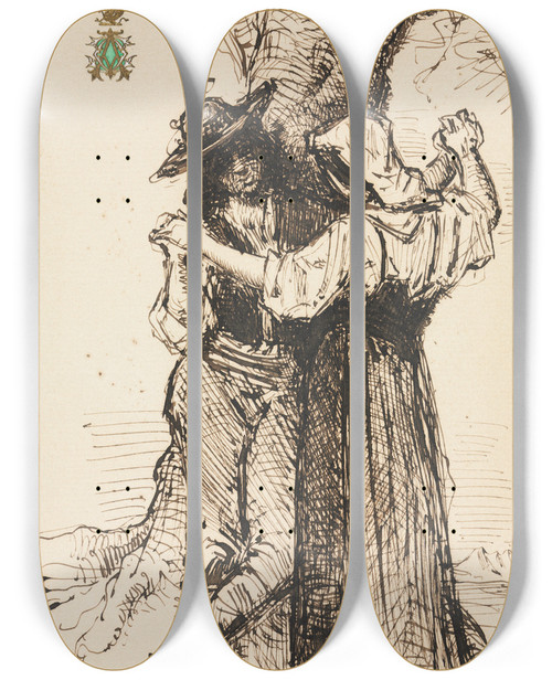 Triptych art skateboard deck of Lon Bonnat Couple Courting By A Tree by Leon Bonnat (1833-1922)