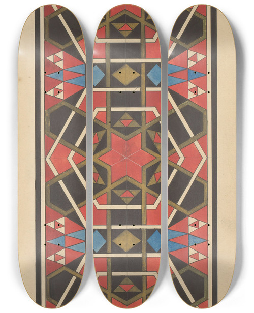 Triptych art skateboard deck of Reinier Willem Petrus De Vries Vlakversiering Met Lijnen Driehoeken En Ruiten by Reinier Willem Petrus De Vries (1874-1952)