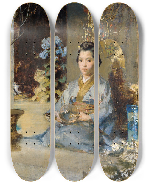 Triptych art skateboard deck of Julius Victor Berger Japanerin In Einem Zimmer by Julius Victor Berger (1850-1902)