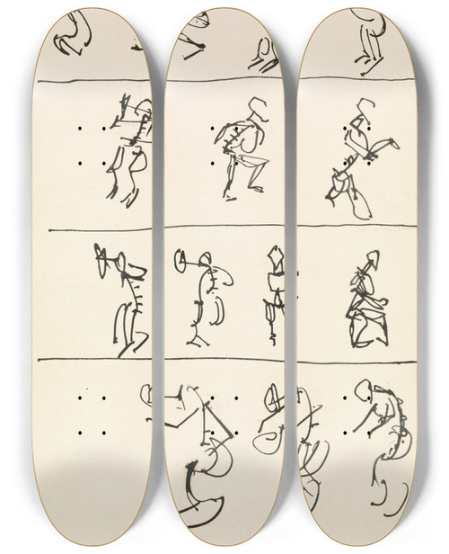 Triptych art skateboard deck of Henri Gaudierbrzeska Four Registers Of Fourteen Dancing Figures by Henri Gaudier-Brzeska (1891-1915)
