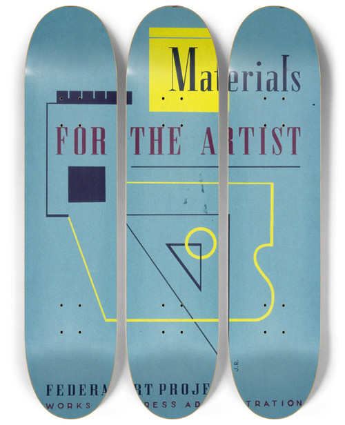 Triptych art skateboard deck of Jerome Henry Rothstein Exhibition Materials For The Artist by Jerome Henry Rothstein (1918-2008)