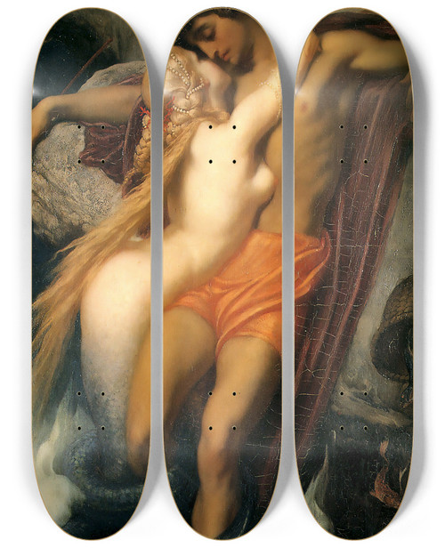 Triptych art skateboard deck of Frederic Leighton The Fisherman And The Syren by Frederic Leighton (1830-1896)
