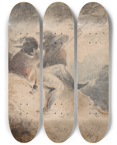 Triptych art skateboard deck of John Sell Cotman Fantastic Figures Seated On A Mound by John Sell Cotman (1782-1842)