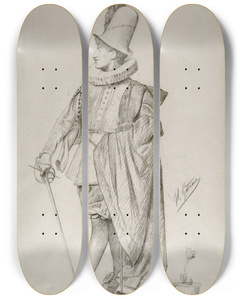 Triptych art skateboard deck of Jeanlon Grme Dutch Cavalier by Jean-Lon Grme (1824-1904)