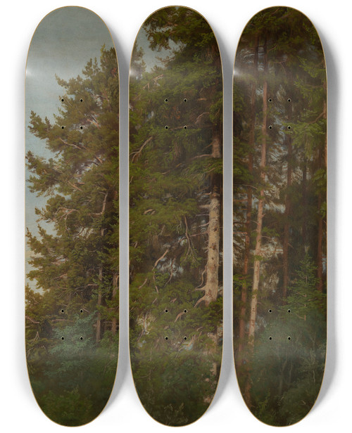 Triptych art skateboard deck of Emil Lugo Tannen Und Unterholz by Emil Lugo (1840-1902)