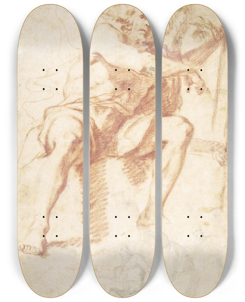 Triptych art skateboard deck of Mattia Preti Johannes Dberen Siddende Og Studie Af Johannes Dberen Med To Apostle by Mattia Preti (1613-1699)