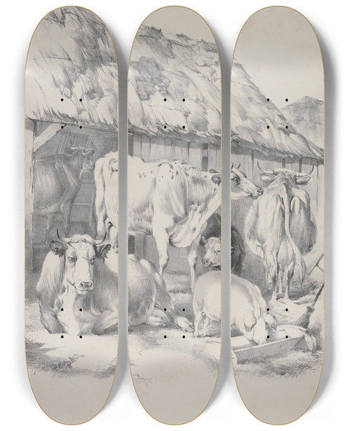 Triptych art skateboard deck of Thomas Sidney Cooper Thomas Sydney Coopers Cattle Subjects Pl15 by Thomas Sidney Cooper (1803-1902)