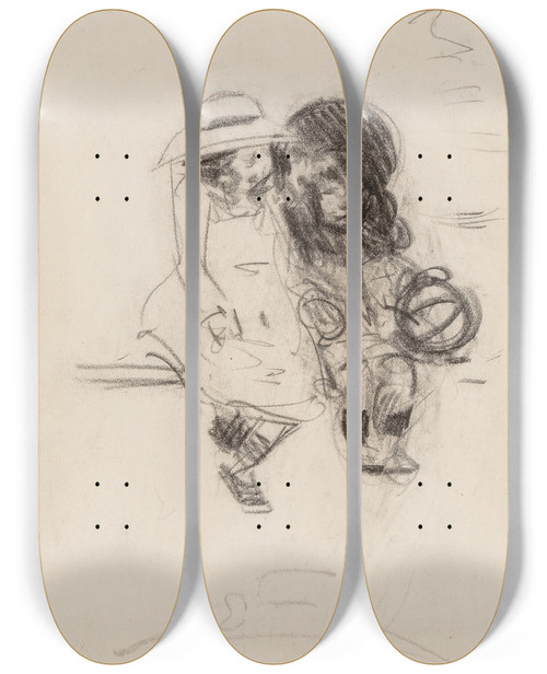 Triptych art skateboard deck of George Luks Two Girls With Ball by George Luks (1866-1933)