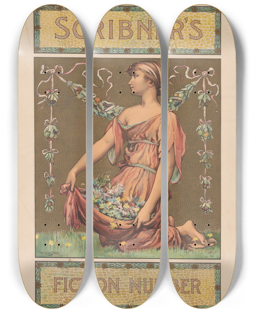 Triptych art skateboard deck of Will Hicock Low Scribners Fiction Number_2 by Will Hicock Low (1853-1932)