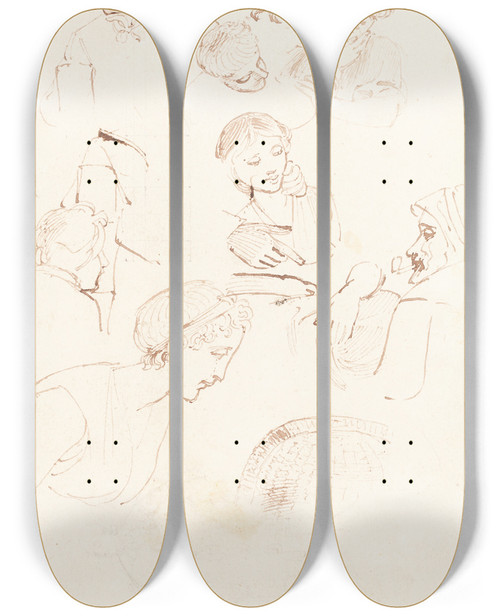 Triptych art skateboard deck of Thomas Stothard Sheet Of Studies by Thomas Stothard (1755-1834)