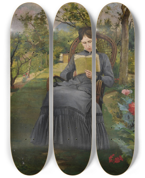 Triptych art skateboard deck of Frdric Bazille Thrse Lisant Dans Le Parc De Mric by Frederic Bazille (1841-1870)