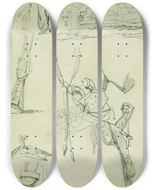 Triptych art skateboard deck of Thodore Gricault Weapon Studies Compositional Study Of Castle Scene by Theodore Gericault (1791-1824)