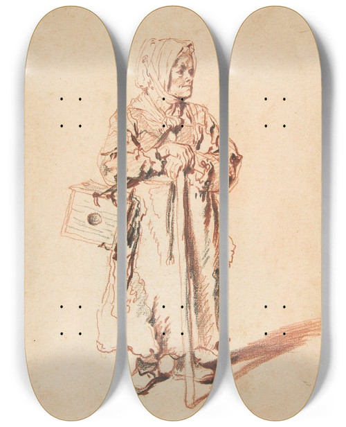 Triptych art skateboard deck of Jeanantoine Watteau Standing Savoyarde With A Marmot Box by Jean-Antoine Watteau (1684-1721)