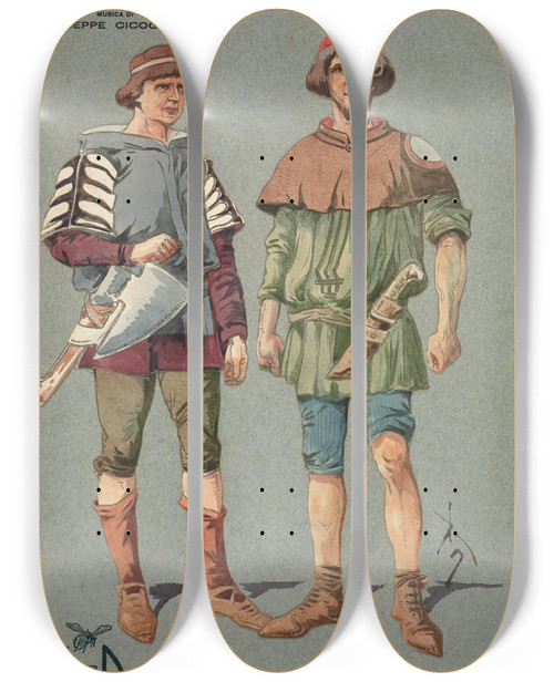 Triptych art skateboard deck of Pipein Gamba Popolani Coro_2 by Pipein Gamba (1868-1954)