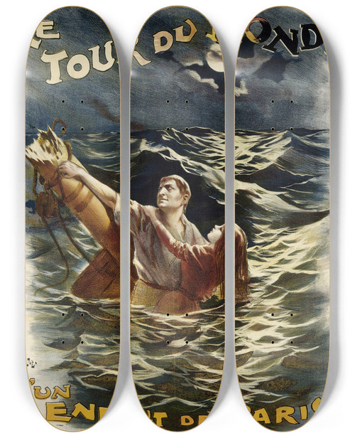 Triptych art skateboard deck of Jean De Paleologue Le Tour Du Monde Dun Enfant De Paris by Jean de Paleologue (1855-1942)