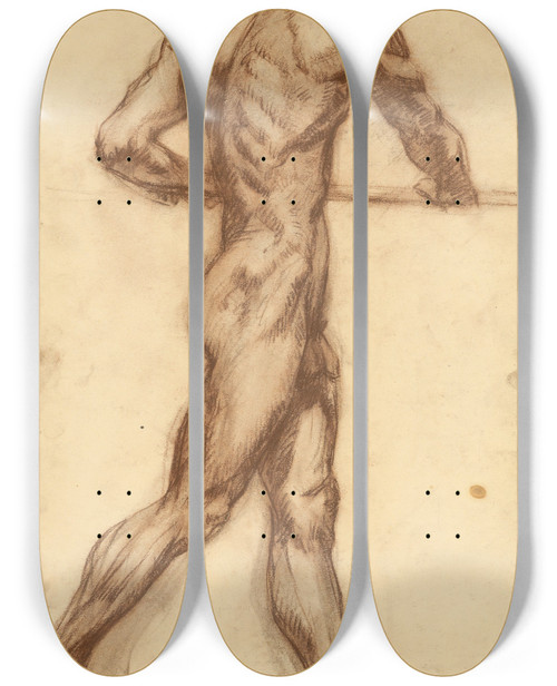 Triptych art skateboard deck of Emil Alexayolexk Study Of A Man By A Horizontal Bar by Emil Alexay-Olexk