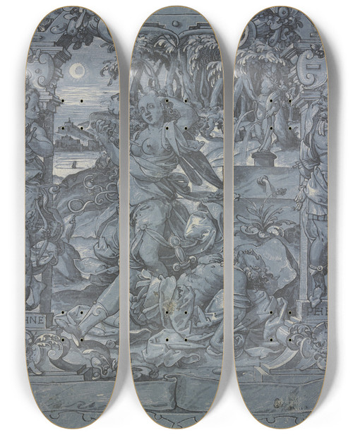 Triptych art skateboard deck of Christoph Murer Thisbe An Der Leiche Des Pyramus In Der Rahmung Links Daphne Mit Dem Amorknaben Rechts Apollo Vom Pfeile Amors Getroffen Oben Und Unten Putten by Christoph Murer (1558-1614)