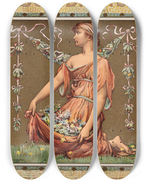 Triptych art skateboard deck of Will Hicock Low Scribners Fiction Number_1 by Will Hicock Low (1853-1932)