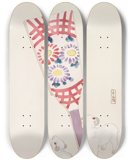 Triptych art skateboard deck of Kawasaki Kyosen Kyosens Collected Illustrations Of Japanese Toys Pl054 by Kawasaki Kyosen (1877-1942)