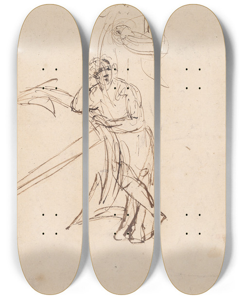 Triptych art skateboard deck of Sir Joshua Reynolds Two Sketches Of Man_1 by Sir Joshua Reynolds (1723-1792)