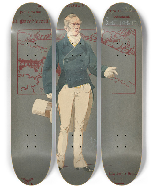 Triptych art skateboard deck of Pipein Gamba Lutz Atto Iii by Pipein Gamba (1868-1954)