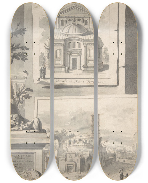 Triptych art skateboard deck of Jan Goeree A Reconstruction Of The Temple Of Romulus And Remus Above And A View Of The Ruins Below by Jan Goeree (1670-1731)